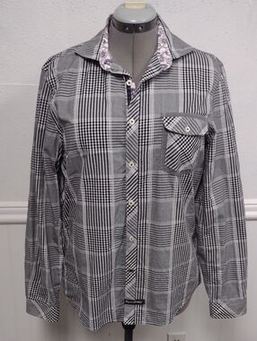 English Laundry Men's Black & White Plaid Button-Down Shirt with Floral Collar